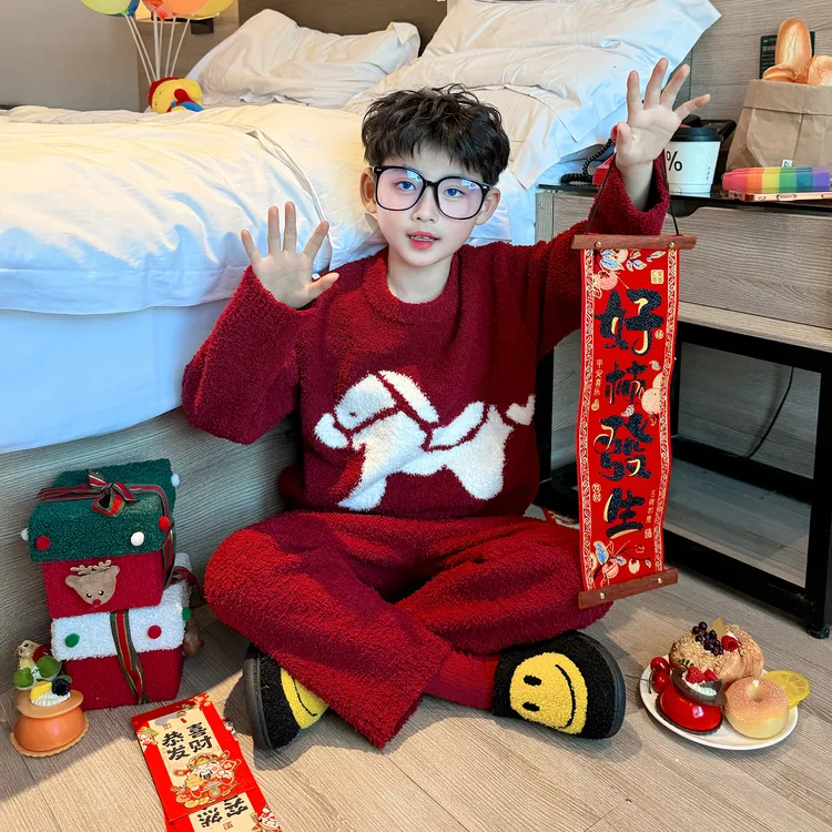 半边绒儿童睡衣冬2025新款马年男童本命年家居服男孩加厚保暖套装