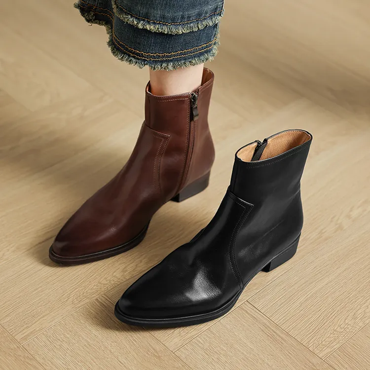 2025秋冬新款英伦风切尔西靴子女粗跟百搭中跟复古棕色侧拉链短靴