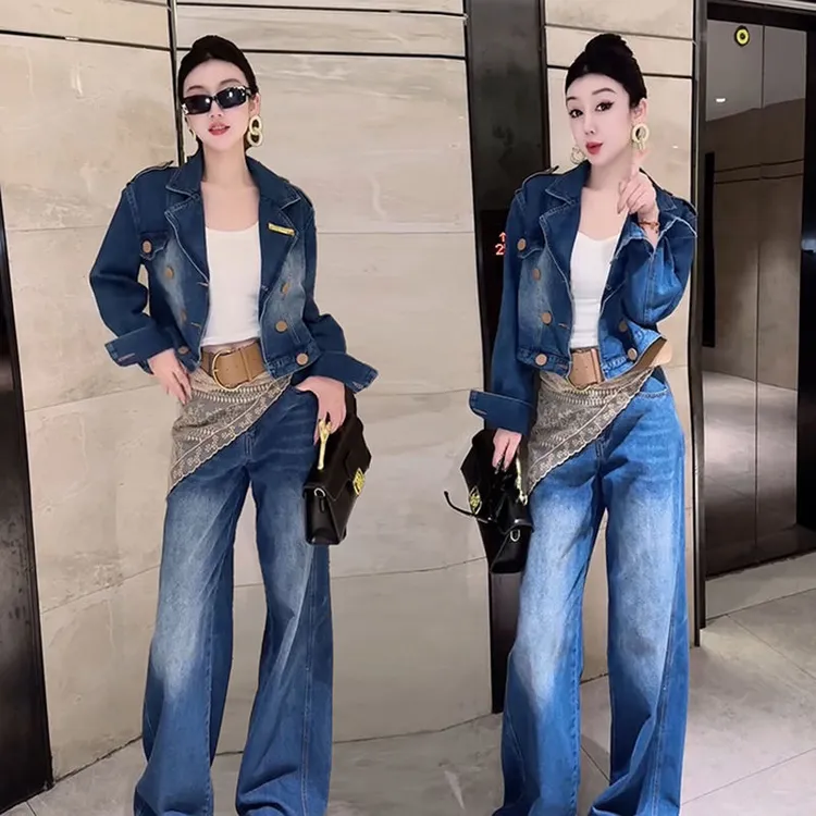 港风时尚休闲牛仔套装女2025春秋新款短外套宽松直筒阔腿裤一整套