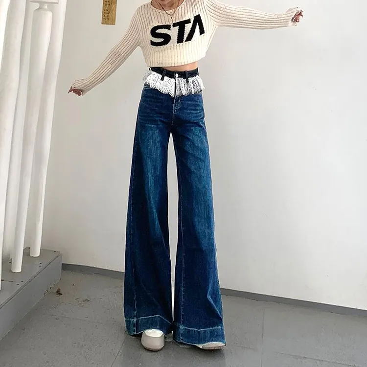 蕾丝拼接牛仔裤女长裤春秋季新款水洗复古阔腿裤宽松显瘦拖地裤子