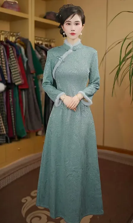 蓓蕾 蓝 冬季新款优雅气质文艺日常奥黛改良旗袍