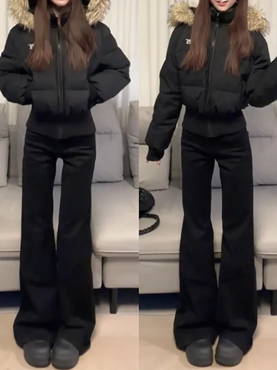 大码黑色高级感复古微喇牛仔裤女早春新款高腰显瘦百搭拖地直筒裤