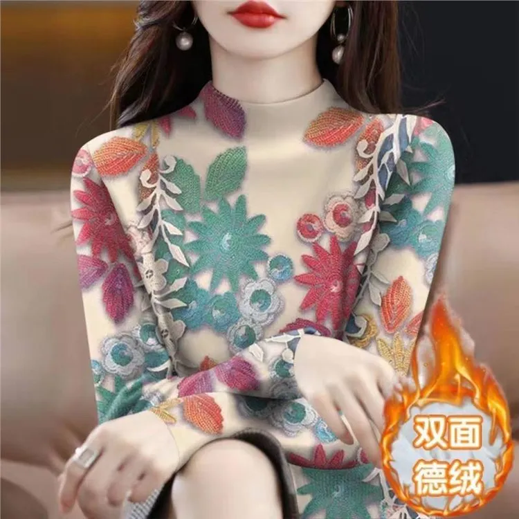 秋冬时尚新款女装大码加绒加厚保暖长袖半高领打底衫