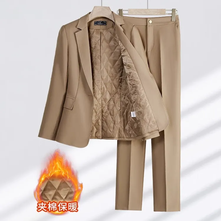 卡其色夹棉西装外套女2025新款秋冬职业装小个子加棉保暖通勤西服