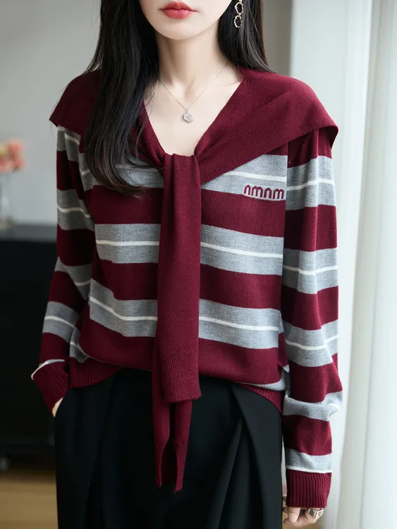 法式撞色条纹假两件披肩针织开衫女短外套毛衣2025宽松设计感上衣