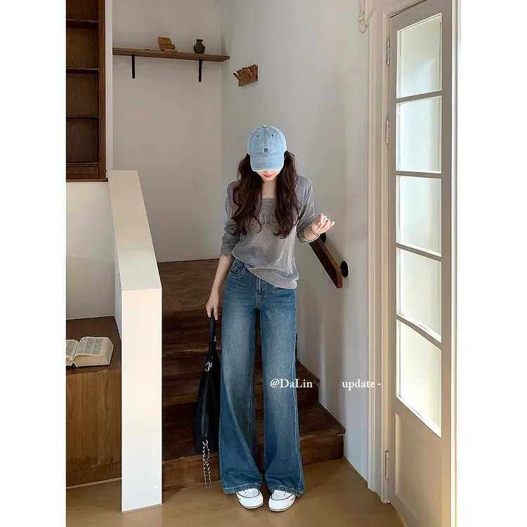 DUOXINIU/多喜牛/DaLin早秋新款阔腿裤女高腰牛仔裤复古设计感