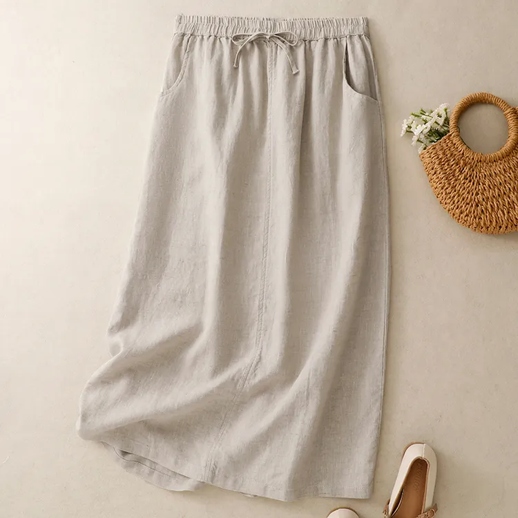 文艺纯色亚麻开叉半身裙女夏季薄款松紧腰显瘦宽松百搭棉麻直筒裙
