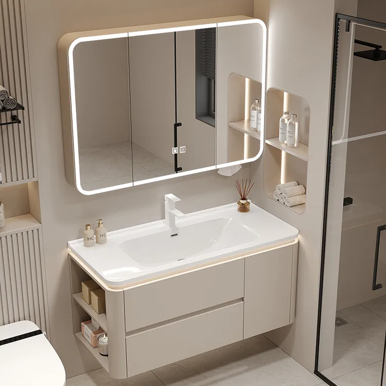 【工厂直销】奶油风陶瓷一体圆角浴室柜组合马桶侧边收纳洗手卫浴柜