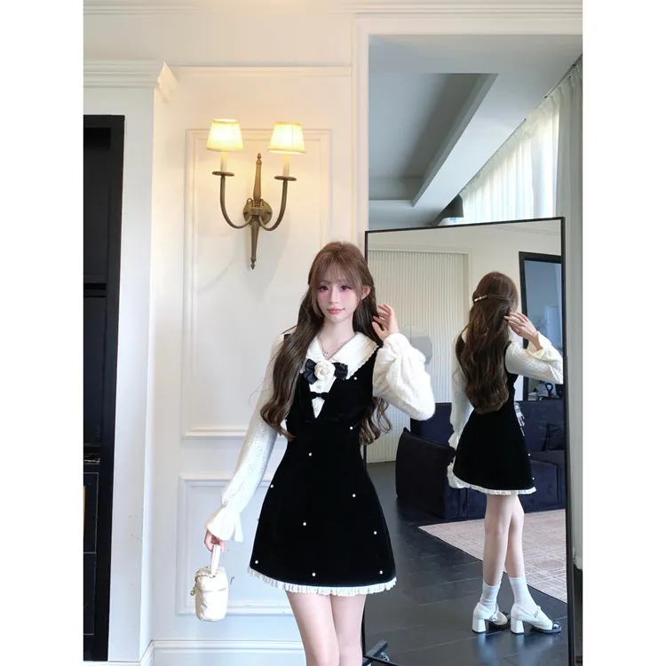 越韩小鱼 莉芙千金 法式甜美气质丝绒连衣裙假两件拼接黑色短裙女