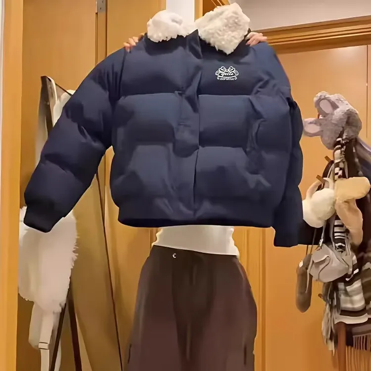 复古美式短款羊羔秋冬棉服外套冬季翻领加厚保暖新款棉衣棉袄