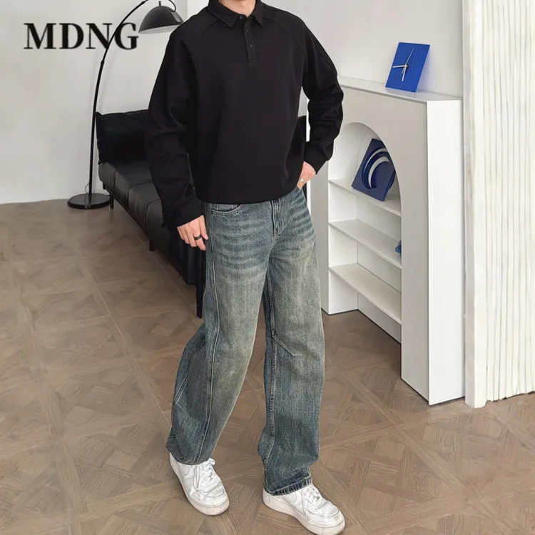 MDNG秋季时尚宽松休闲男士百搭美式复古高街弯刀男装直筒牛仔长裤