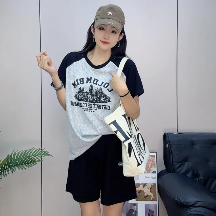 夏季新款韩版宽松运动休闲刺绣圆领短袖套装女