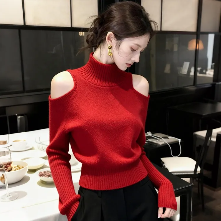 红色露肩高领毛衣女秋冬慵懒高级感上衣独特超好看洋气针织打底衫