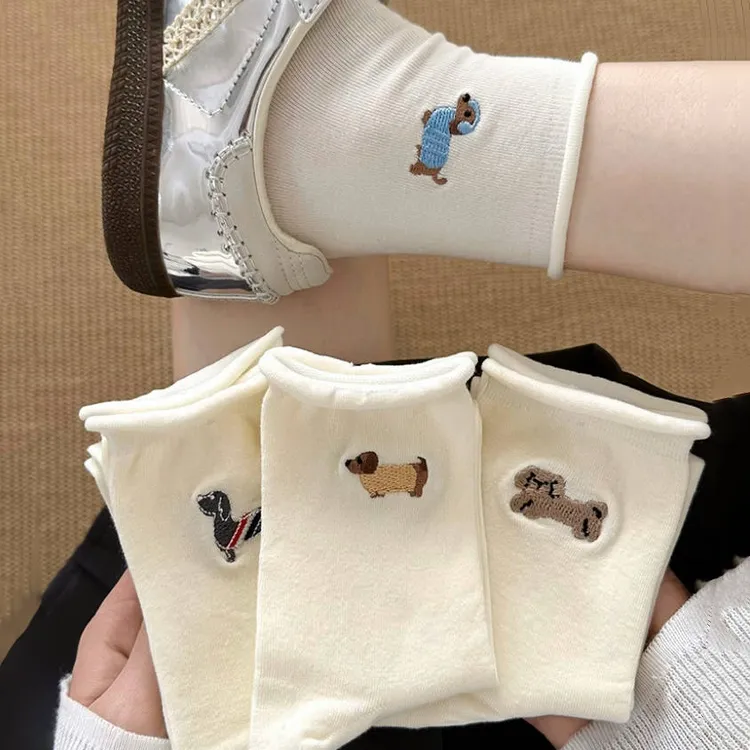 白色袜子女棉春夏款中筒袜可爱小狗刺绣短筒袜卷边无骨棉袜夏季