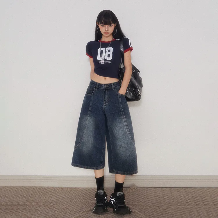 复古休闲松弛感宽松阔腿中裤百搭垂感慵懒七分牛仔裤女2025年夏季