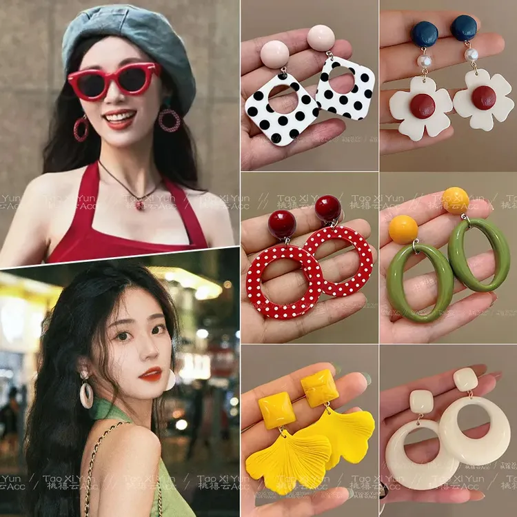 合金耳饰 复古红绿撞色圈圈耳环女港风气质波点几何圆形耳钉