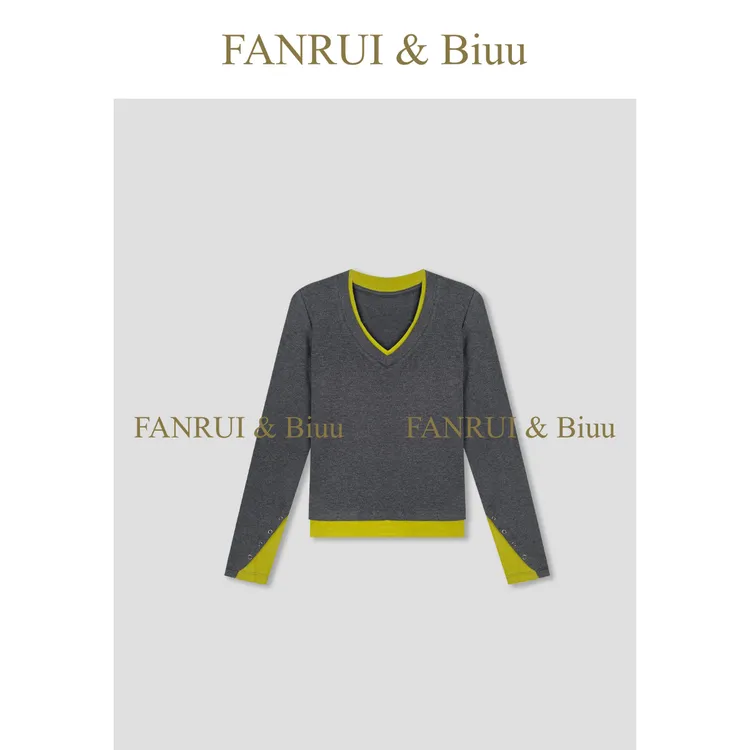 FANRUI/泛芮「贝贝biuu」双色拼接减龄百搭V领长袖针织衫打底B18451