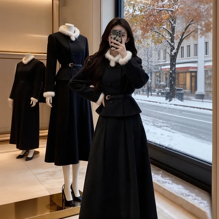 韩系一整套深冬穿搭高级感小香风毛领外套半身裙轻熟气质两件套女