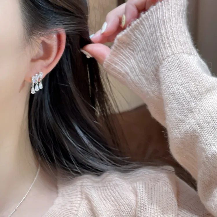 F128水滴锆石流苏耳钉高级百搭小众温柔气质精致简约