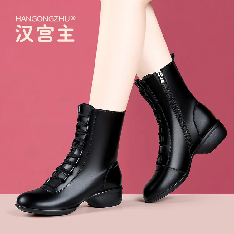 新款水兵广场舞鞋女软底中筒冬季舞蹈靴中跟厚底有加绒保暖跳舞靴