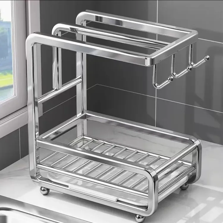 新款不锈钢带杆抹布架厨房置物架台面家用水槽架毛巾沥水架收纳架