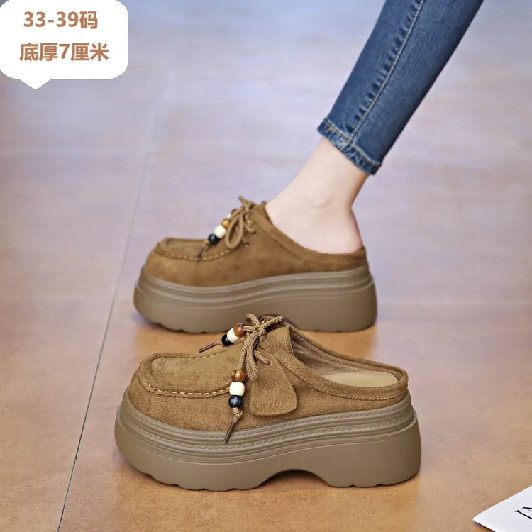 7CM厚底33.34小码增高拖鞋女款复古时尚无后跟勃肯鞋一脚蹬懒人鞋