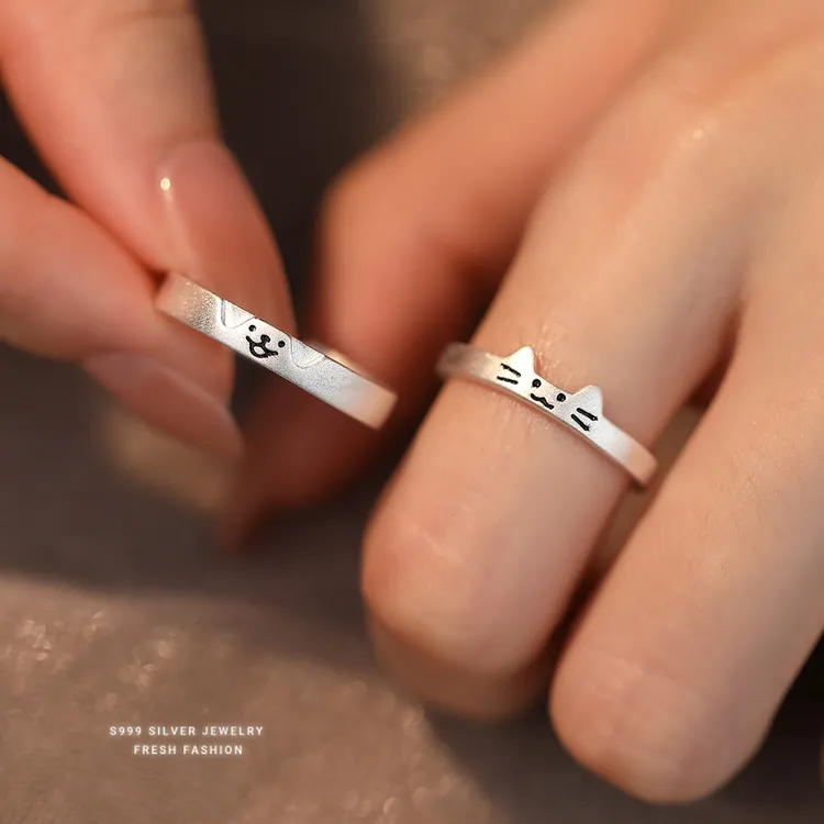 足银戒指 猫狗日记999纯银情侣戒指个性风可爱可调节男女足银对戒