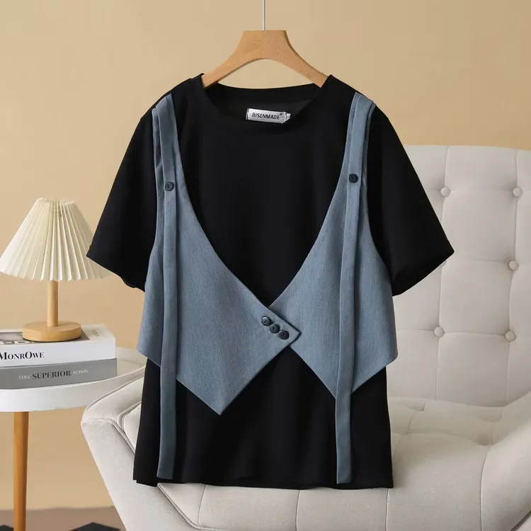 梦冬佳--140-200斤大码女装特体显瘦胖mm洋气假两件遮肚子短袖T恤