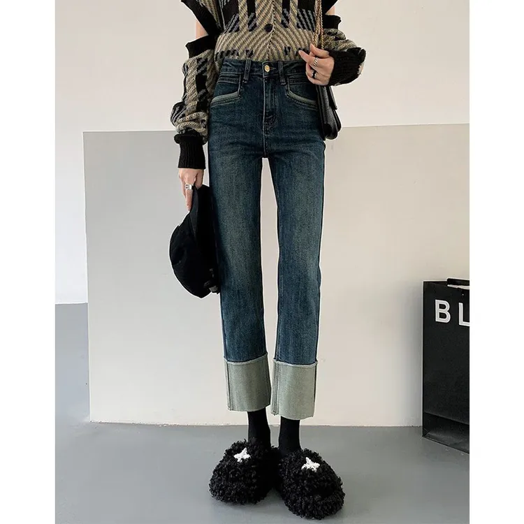 春季新款弹力复古翻边直筒牛仔裤女大码高腰窄版显瘦九分法棍裤子