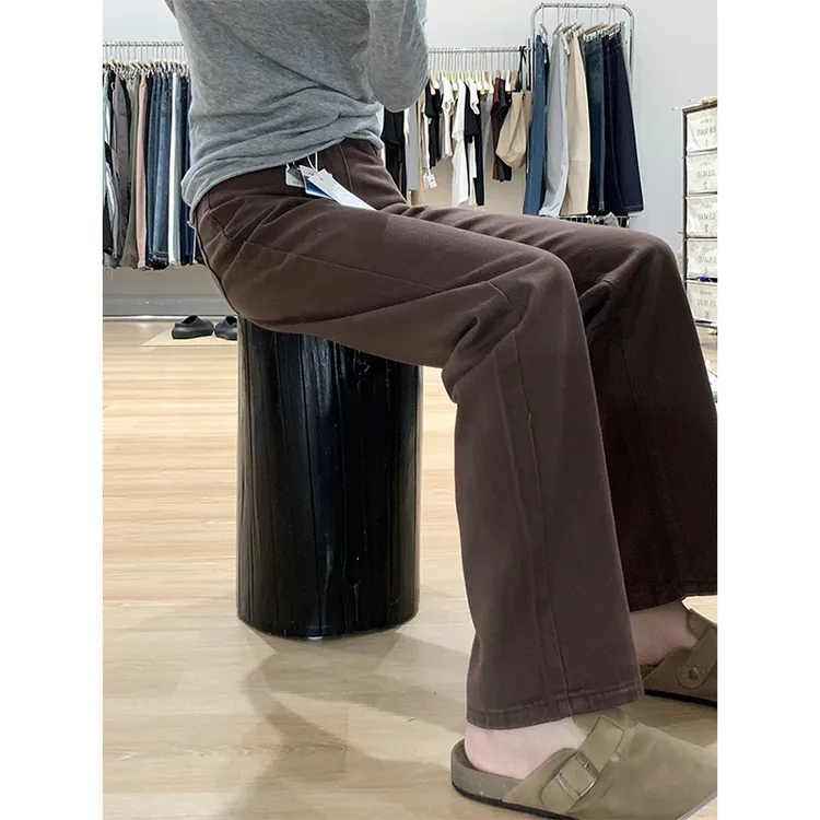 美拉德咖色阔腿牛仔裤女2025新款复古棕色高腰显瘦窄版阔腿拖地裤