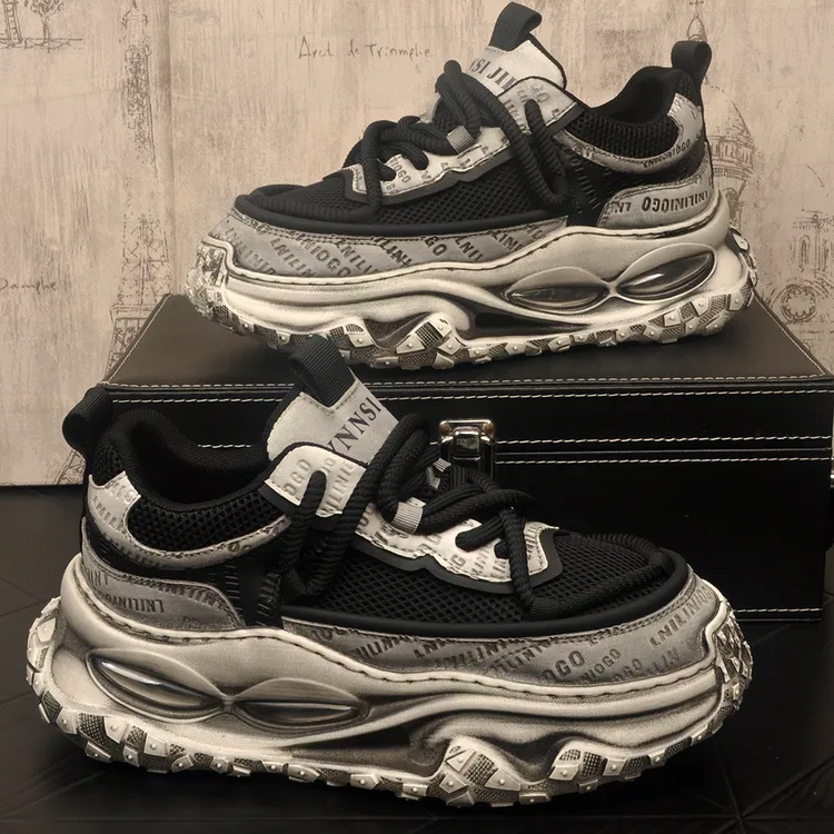 复古潮流做旧脏脏鞋男士时尚休闲鞋厚底显高网面鞋百搭运动小白鞋