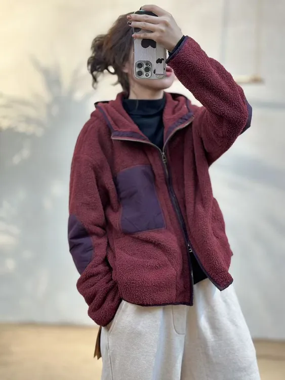 忆古朴拙2578A复古拼接连帽颗粒绒短款休闲外套