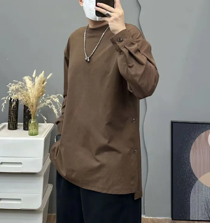 秋款一衣两穿~排扣开衩长袖短袖无缝切换T恤纯色圆领宽松百搭初秋