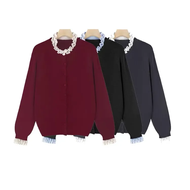 大码女装时尚显瘦胖妹妹法式木耳边单排扣百搭毛衣上衣99301