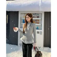 橘子树在哪儿拼接设计长袖T恤女秋款打底蝴蝶结系带修身上衣