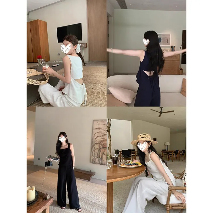 FRVXO绑带露背无袖方领吊带上衣高腰阔腿百搭松弛感西裤套装
