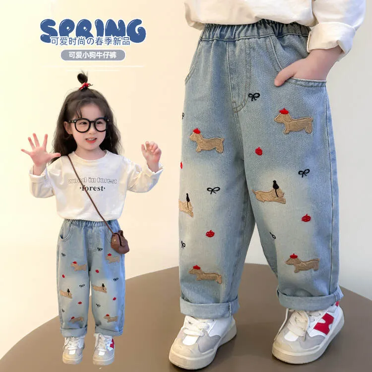 洋气韩版春秋欧若风春季新款女童百搭蓝色卡通牛仔裤长裤岁适穿