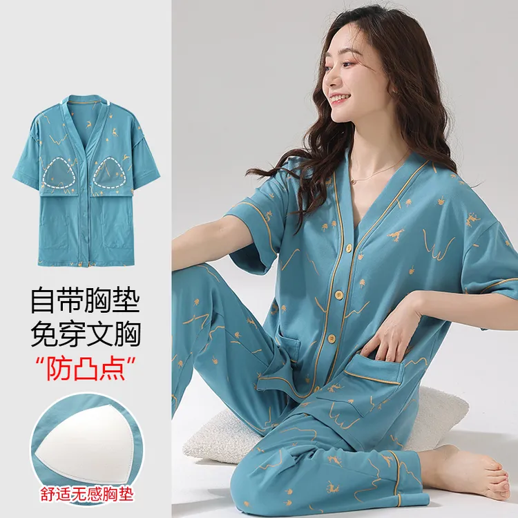 浪莎2025夏季新款带胸垫睡衣女纯棉短袖家居服可外穿春夏大码套装