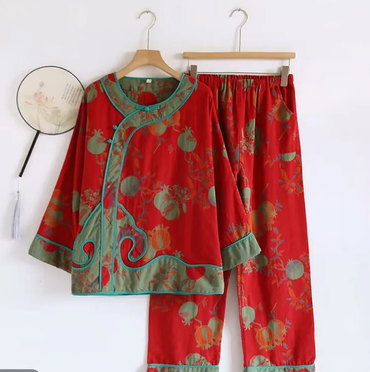 新年款国风版新中式色织提花棉睡衣套装长袖长裤套装