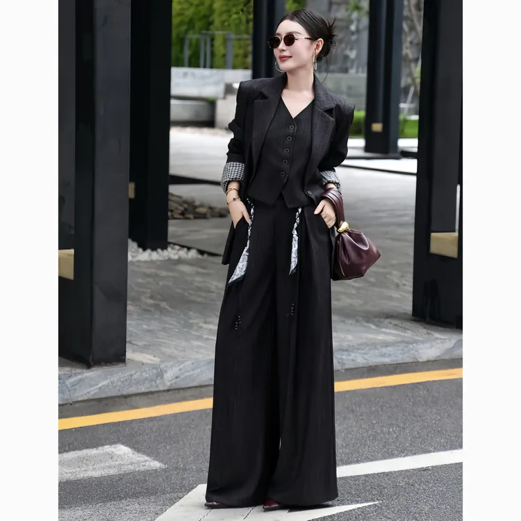 ZEROYK复古港风时尚套装高级感宽松西服马甲阔腿裤配腰带四件套