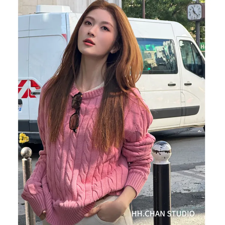 HH.CHAN“桃花夭夭”定制棉线特调粉色圆领狡花针织毛衣HH53G37482