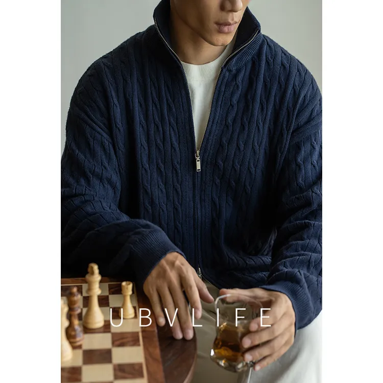 老钱风立领双拉链针织开衫毛衣男士2025秋冬新款日常休闲保暖外套