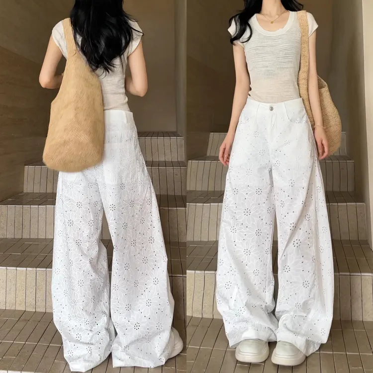 50988度假风刺绣镂空休闲裤女2025夏季神裤新款直筒显瘦阔腿长裤