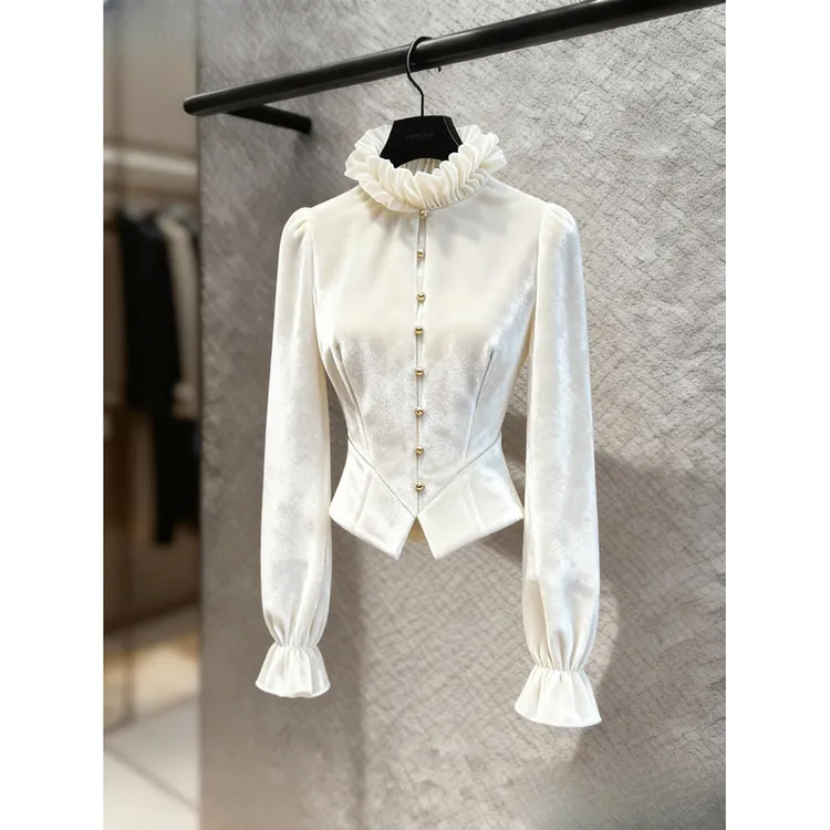 独特漂亮新款小衫女冬绝美巨好看设计感气质高端法式白色丝绒衬衫