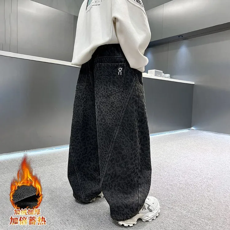 男童豹纹加绒牛仔裤秋冬新款中大童加厚洋气宽松直筒裤洋气休闲裤