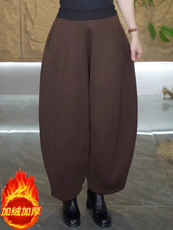 冬季加绒加厚高腰宽松阔腿显瘦立体压花气球灯笼裤大码时尚休闲