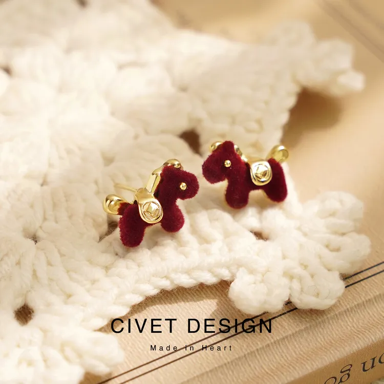 合金绒毛耳饰 2026新年款马上来财耳钉耳夹可爱甜美百搭耳环学生