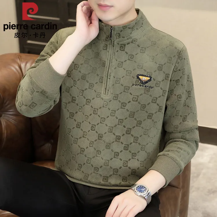 皮尔卡丹欧货轻奢男士休闲时尚摇粒绒卫衣秋冬立领半拉链长袖卫衣