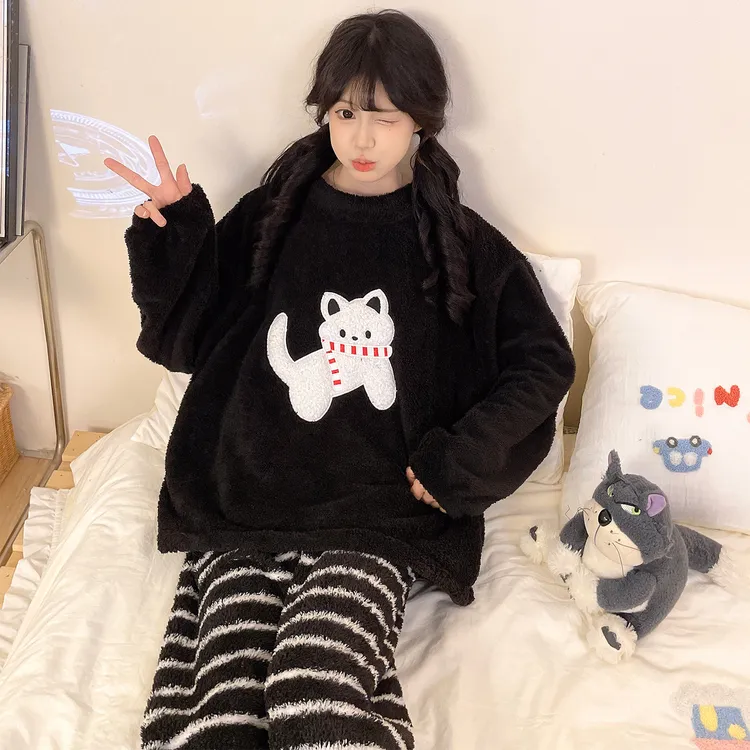 珊瑚绒睡衣女士秋冬季大码加厚仿半边绒条纹猫咪套装可外穿家居服