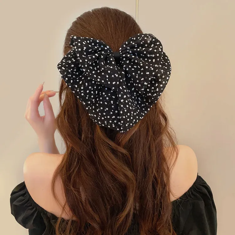 法式波点气质温柔波点三层马尾丸子抓夹组合